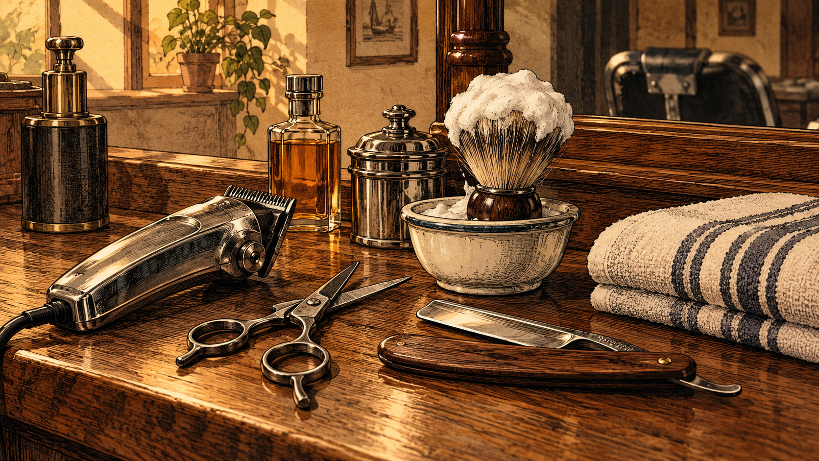 Illustration of classic barber tools, shears, shaving brush, and a striped towel on a wooden counter