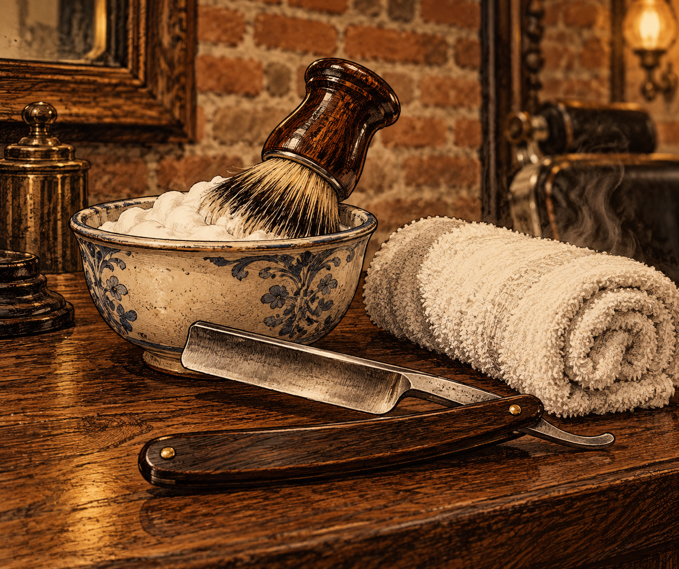 Illustration of a lather bowl, shaving brush, straight razor, and rolled hot towel on walnut wood
